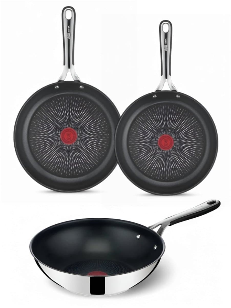 Jamie Oliver by Tefal Kitchen Essentials Pannenset - Koekenpannen Ø24/28cm + Wokpan Ø28cm - RVS - Siliconen Handgreep - Inductie