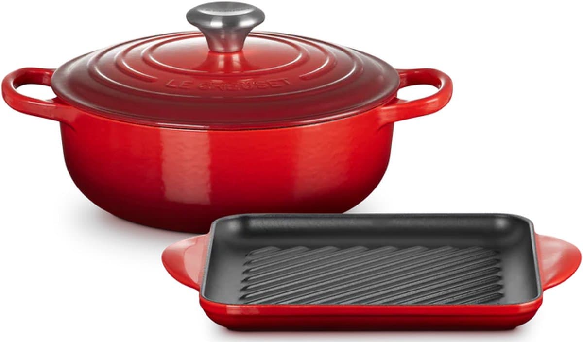 Le Creuset Lage Braadpan 24cm & Grillplaat 24cm Signature Kersenrood