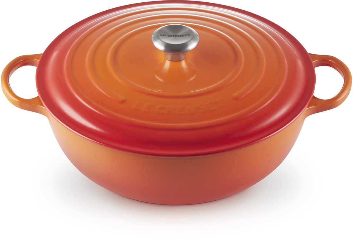 Le Creuset Braadpan Signature Marmite Oranjerood – Ø 32 cm / 7 Liter – Bolvormige Stoofpan van Gietijzer – Intens Oranje-Rode Afwerking – Uitstekende Warmtecirculatie – Geschikt voor Soepen, Curry’s en Grote Maaltijden – Inductie- en Ovenbestendig