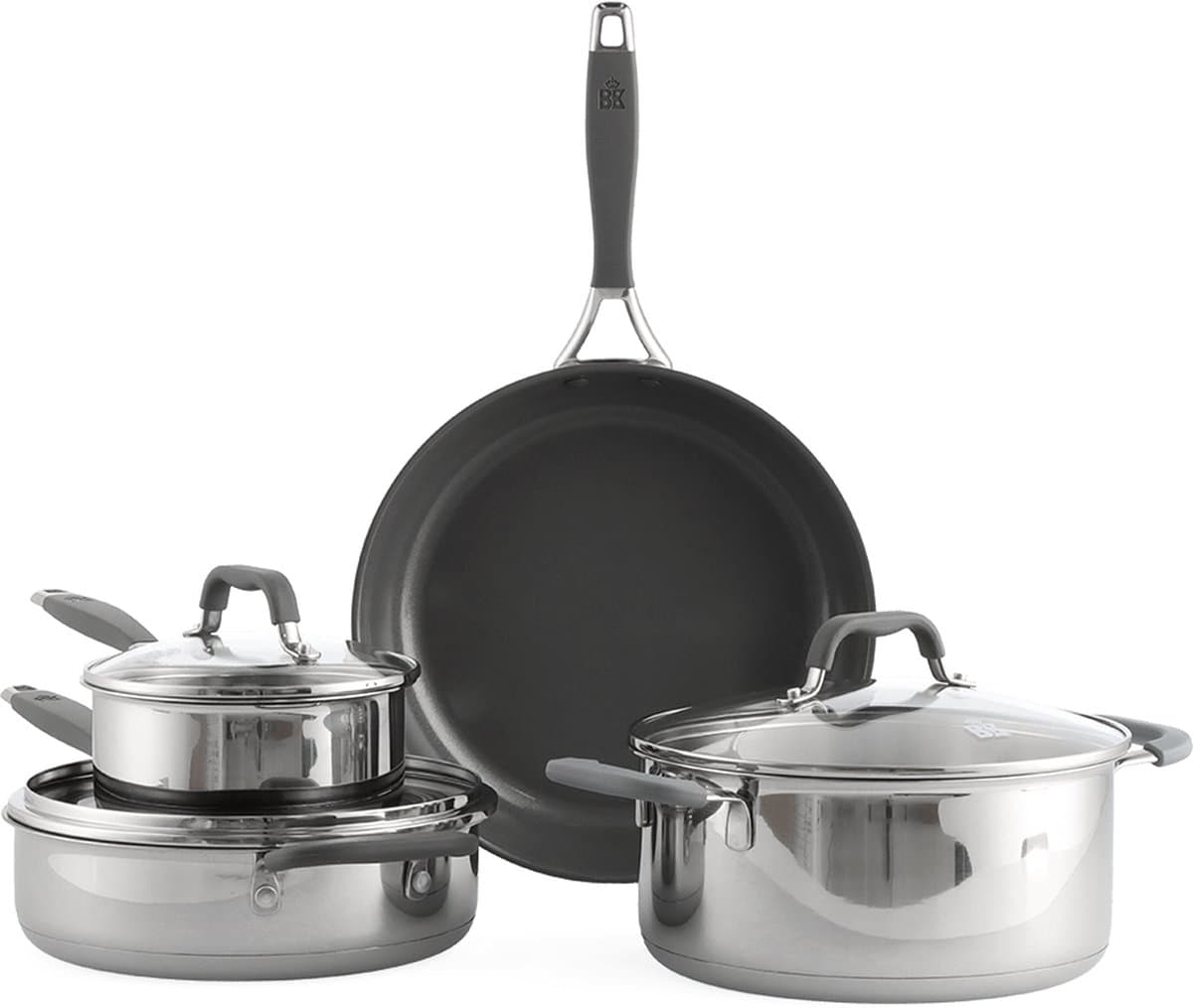 BK Control Keramische antiaanbaklaag pannenset 7-delig - steelpan 16cm - kookpan en hapjespan 24cm - Koekenpan 28cm - PFAS-vrij - inductie - Vaatwasserbestendig - siliconen handvat- ovenbestendig tot 180 graden - met glazen deksels - Zilver