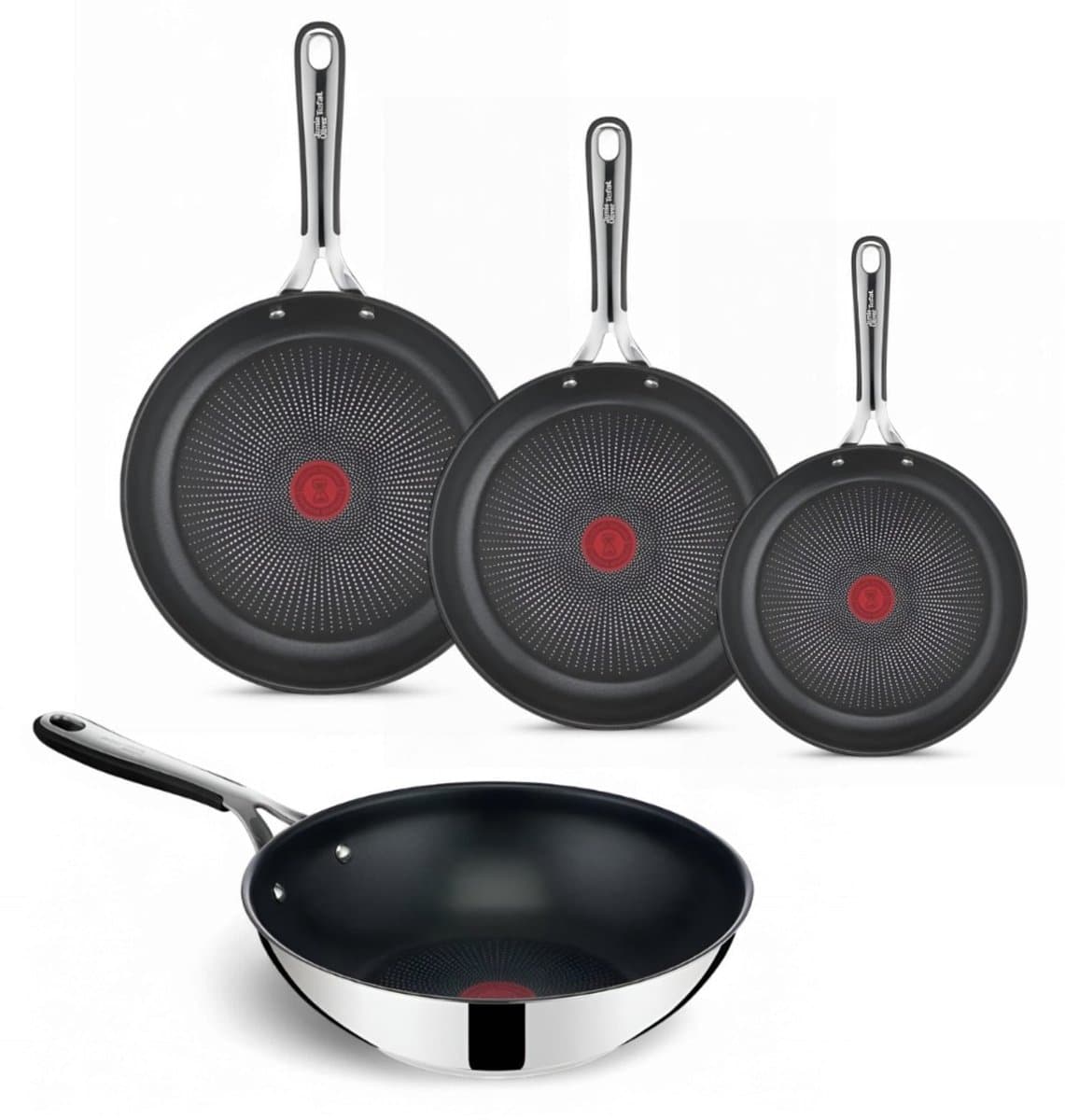 Jamie Oliver by Tefal Kitchen Essentials Pannenset - Koekenpannen Ø20/24/28cm + Wokpan Ø28cm - Tefal Pannen RVS - Siliconen Handgreep - Inductie