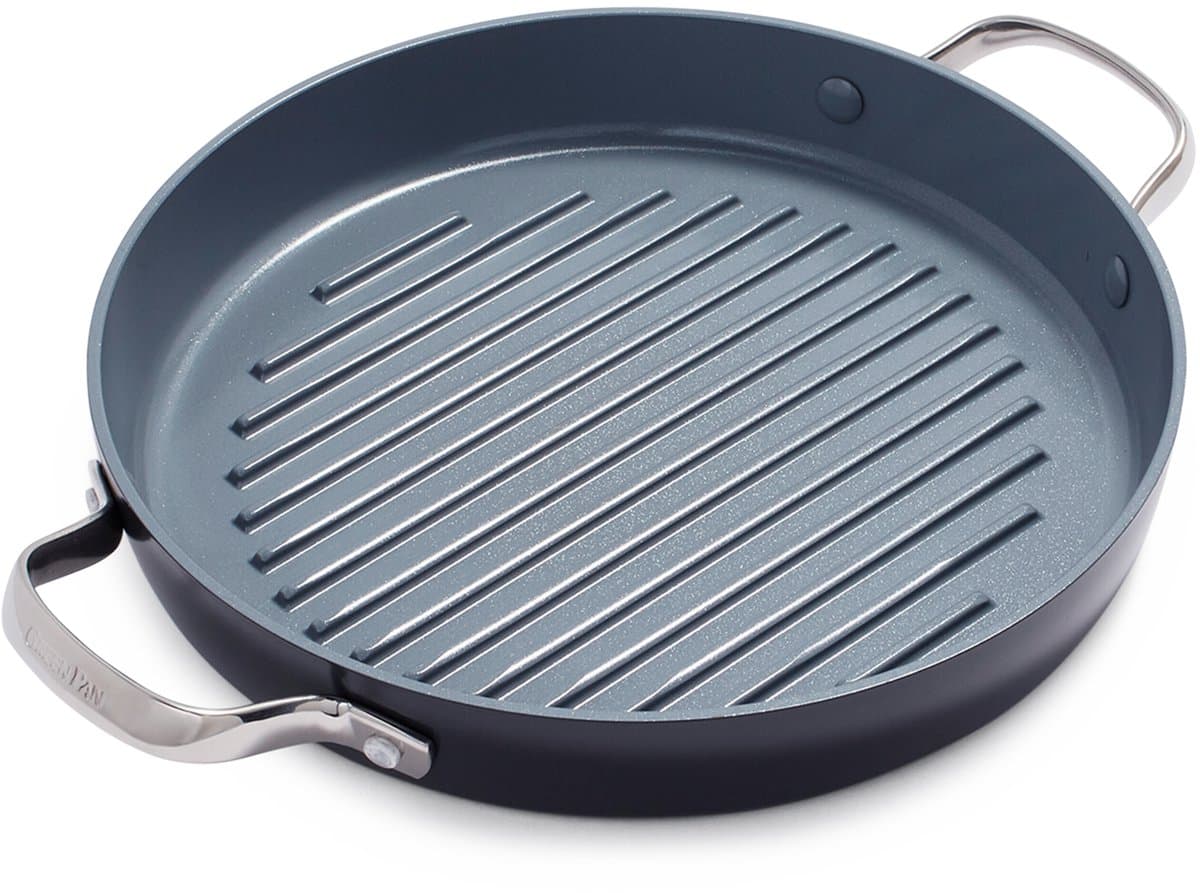 GreenPan Valencia Pro Aluminium Ronde Grillpan Ø28cm - PFAS-vrij - inductie - Ovenbestendig 220 graden - Vaatwasserbestendig - RVS handvaten - Geribbeld kookoppervlak - Grijs