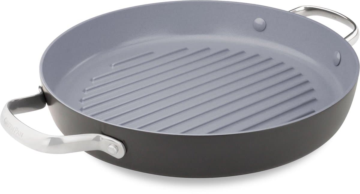 Greenpan Venice Pro Aluminium Grillpan rond Ø 28cm – PFAS-vrij - Inductie – Ovenbestendig tot 220°C – Vaatwasserbestendig – Snelle opwarming – RVS handgrepen - Zwart