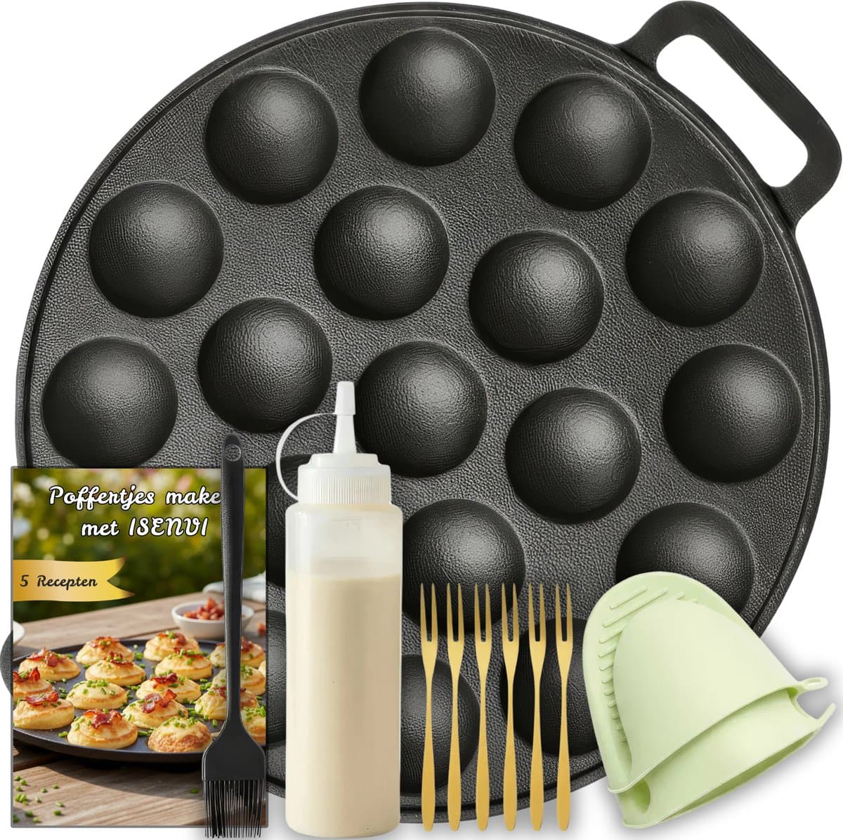 ISENVI Byron - Gietijzeren Poffertjespan met E-book - 24 cm - Inductie en Elektrisch - Incl. 6 Gouden Vorkjes, Spuitfles, Kwast & Siliconen Ovenwanten - Poffertjesmaker