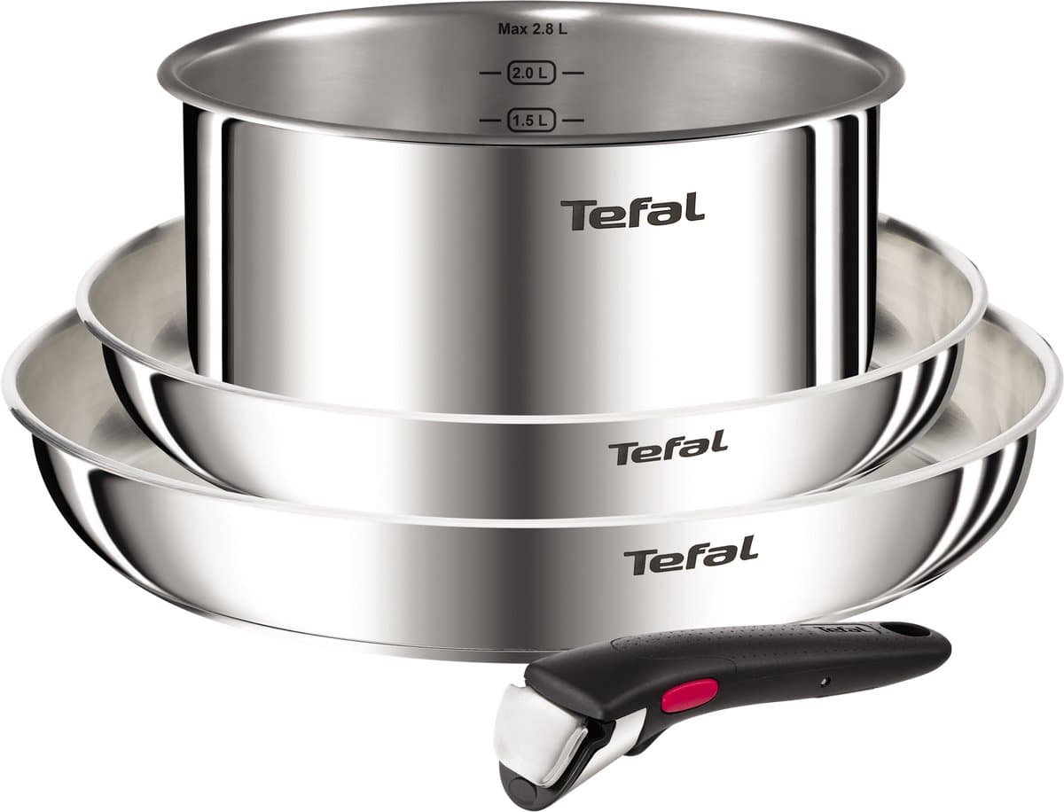 Tefal Ingenio Emotion L896S453 – 4-delige pannenset – Inox 2 braadpannen & 1 steelpan – Afneembare handgreep – Stapelbaar – Inductiegeschikt – Ovenbestendig – Compact kookgerei