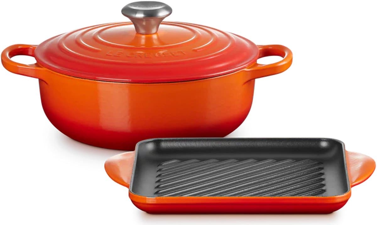 Le Creuset Lage Braadpan 24cm & Grillplaat 24cm Signature Oranjerood