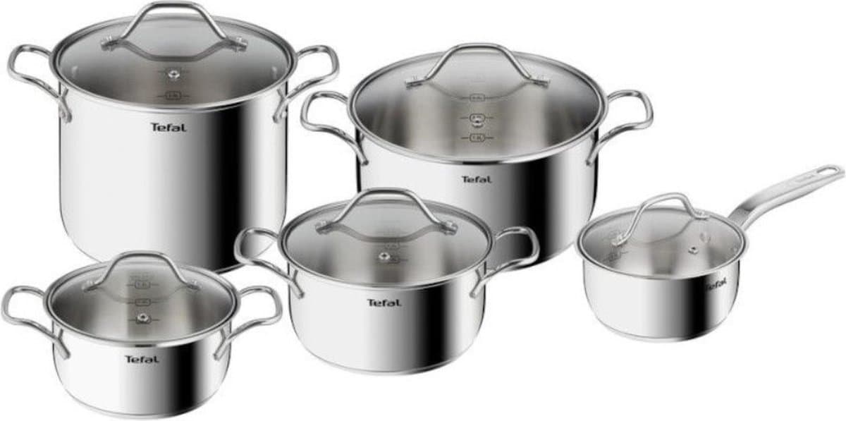 Tefal Intuition Pannenset 5-Pannen kookset - Steelpan Ø 16 cm, kookpan 18/20/24 cm, soeppan 22 cm - Zilver