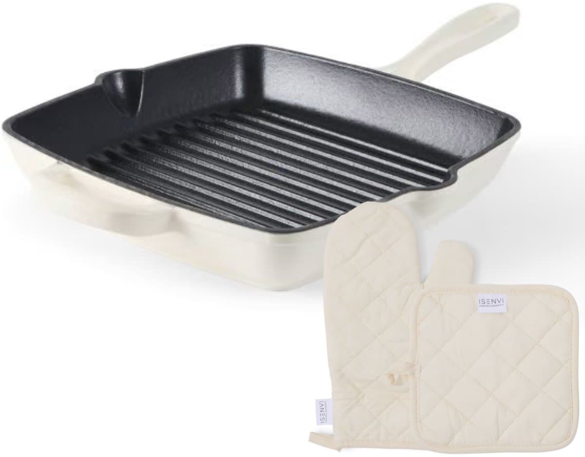 ISENVI Byron - Gietijzeren Grillpan met Ovenwant en Pannenlap - 28 cm - Geschikt voor BBQ & Inductie - Skillet Pan - PFAS, PTFE Vrij - Alle Warmtebronnen - Beige