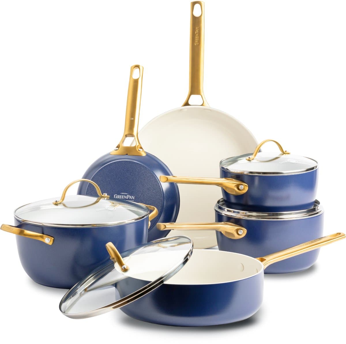 GreenPan Padova Oxford Blue Keramische Inductie Pannenset 10-delig - PFAS-vrij - Inductie pannenset - Inductie hapjespan - Inductie koekenpan - Ovenbestendig tot 200°C - Vaatwasserbestendig - RVS handgrepen - Met deksels - Blauw