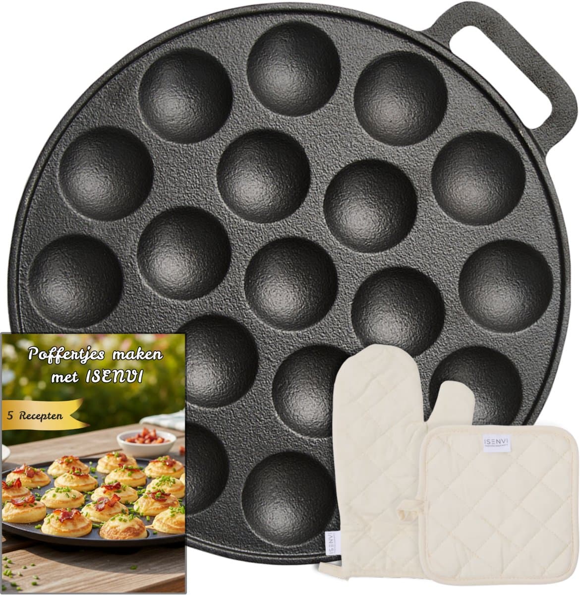 ISENVI Byron - Gietijzeren Poffertjespan met Ovenwant en Pannenlap - 24 cm - Inductie en Elektrisch - Poffertjesmaker