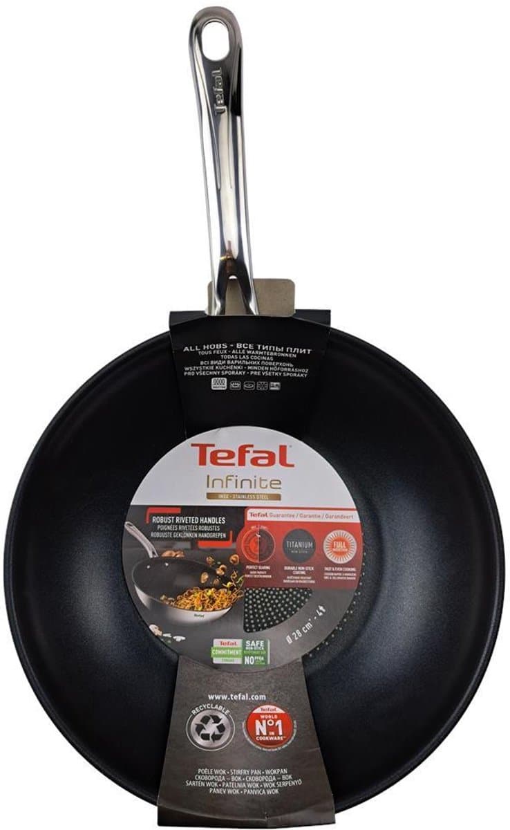 Tefal wokpan inductie 28cm titanium antiaanbaklaag RVS.