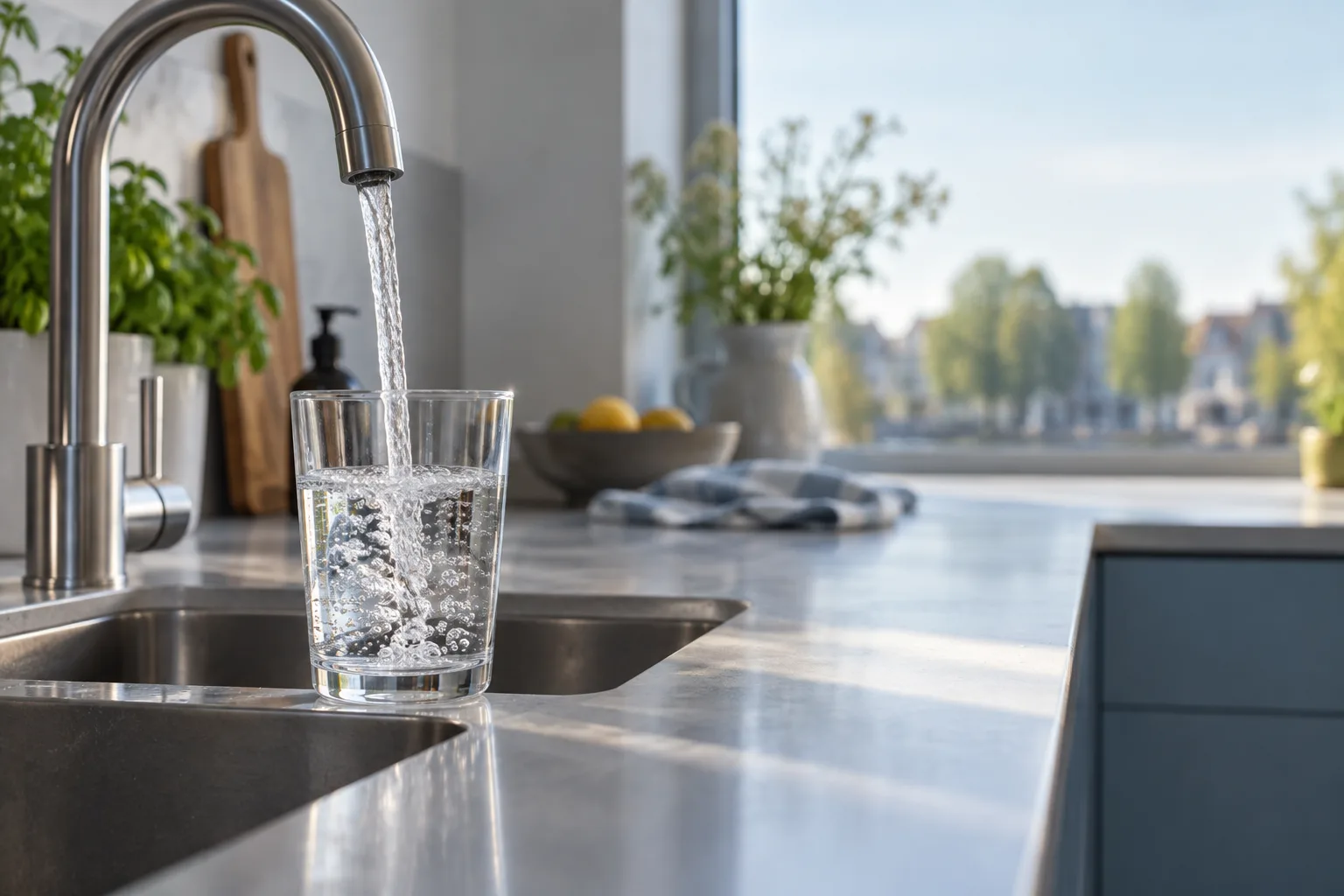 Glas wordt gevuld met kraanwater in een keuken